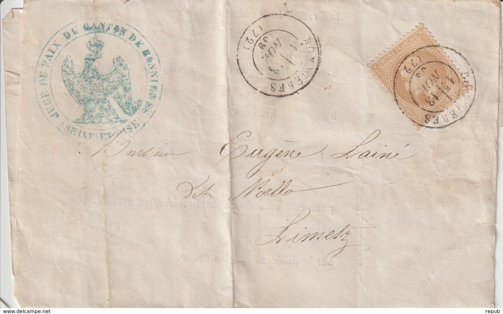 Lettre 1869 De Bonnières Pour Limetz Cachet à Date Bonnières Seine Et Oise. Convocation Juge De Paix De Bonnières - 1849-1876: Période Classique