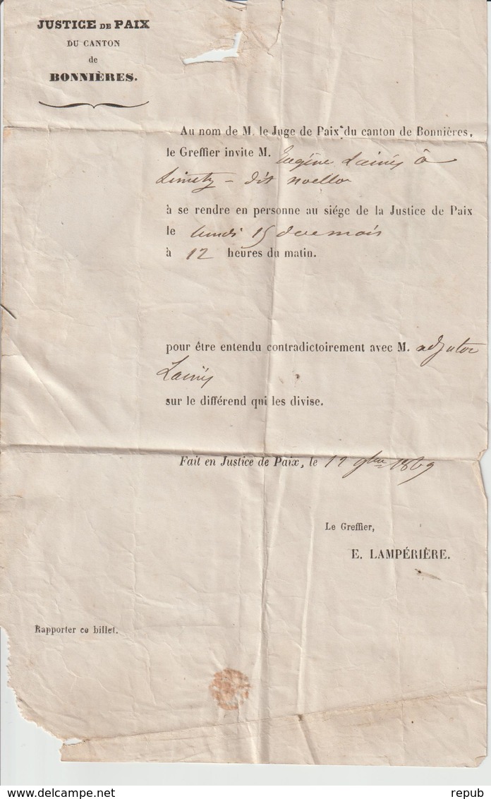 Lettre 1869 De Bonnières Pour Limetz Cachet à Date Bonnières Seine Et Oise. Convocation Juge De Paix De Bonnières - 1849-1876: Klassik