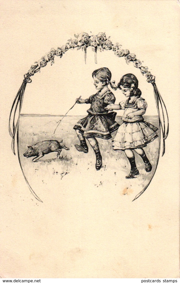 Kinder, Mädchen, Schwein, 1916 - Humorvolle Karten