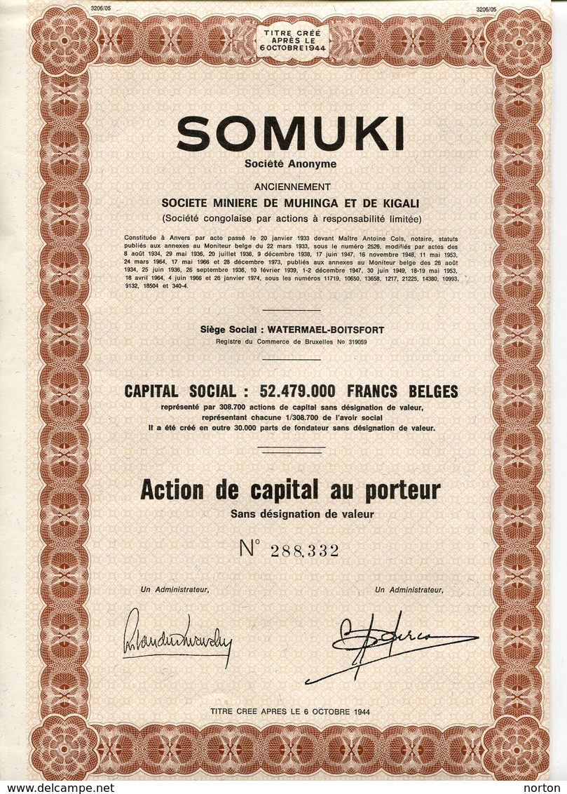 Congo Belge SOMUKI S.A. Ancien. Société Minière De Muhinga Et De Kigali Watermael-Boitsfort Action De Capital - Afrique