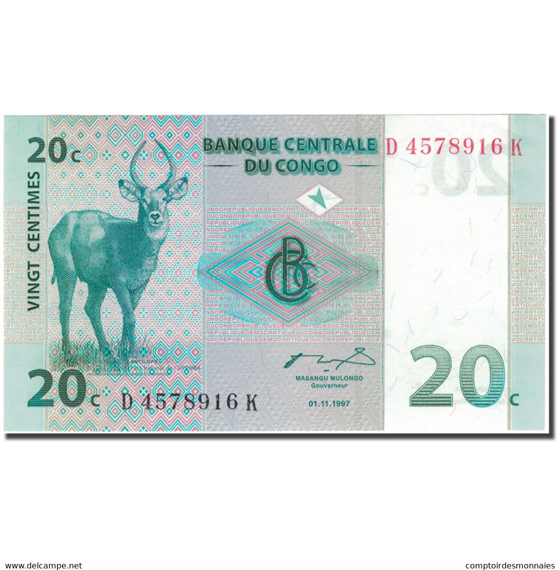 Billet, Congo Democratic Republic, 20 Centimes, 1997-11-01, KM:83a, NEUF - Repubblica Del Congo (Congo-Brazzaville)