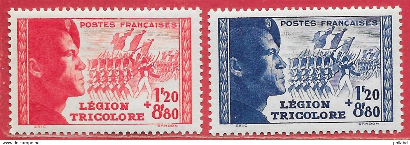 France N°565 1F20+8F80 Bleu & N°566 1F20+8F80 Rouge Légion Tricolore 1942 ** - Neufs