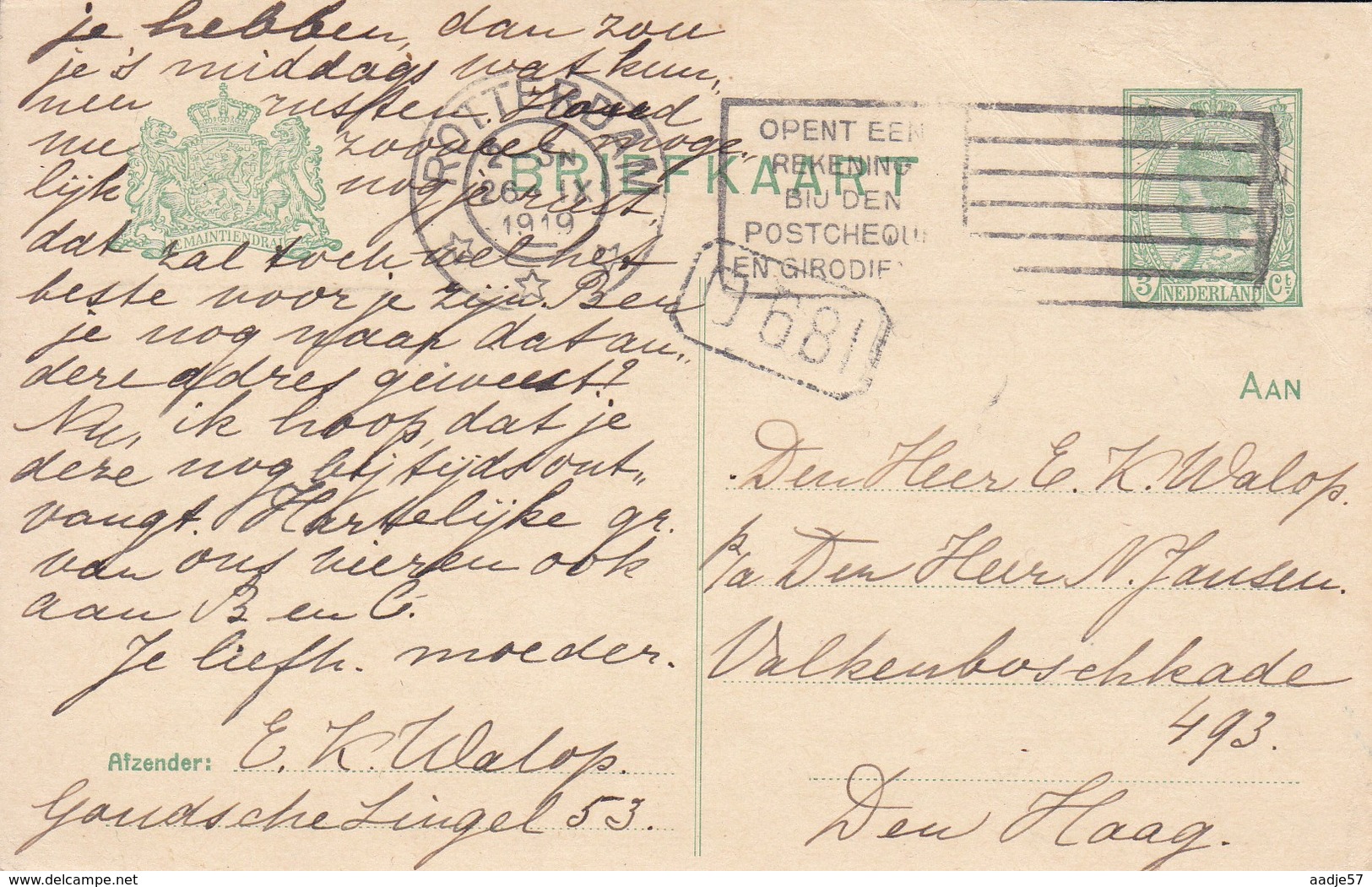 Nederland 1919 Briefkaart Voorgefrankeerd Met 3 Cent - Material Postal