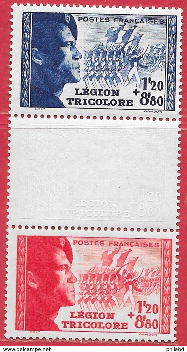 France N°565a 1F20+8F80 Bleu, N°566 1F20+8F80 Rouge & Intervalle Légion Tricolore 1942 * - Neufs