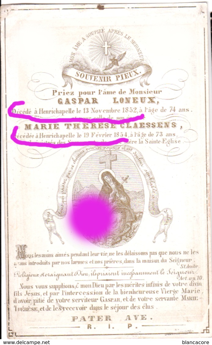 HENRI CHAPELLE Gaspar LONEUX Dcd En 1852 & Son épouse CLAESSENS Dcd En 1854 Sur Papier Porcelaine / RARE - Obituary Notices