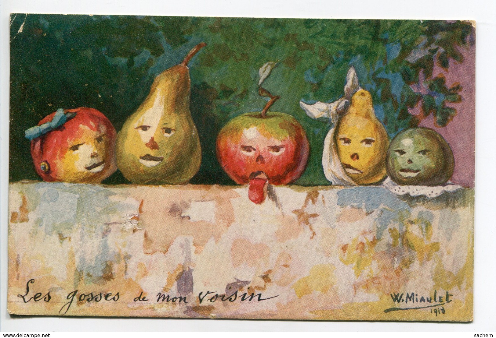 ILLUSTRATEUR 0119 W. MIAULET " Les Gosses De Mon Voisin " Fruits Humanisés Figures Humaines écrite 1919 Timb - Autres & Non Classés