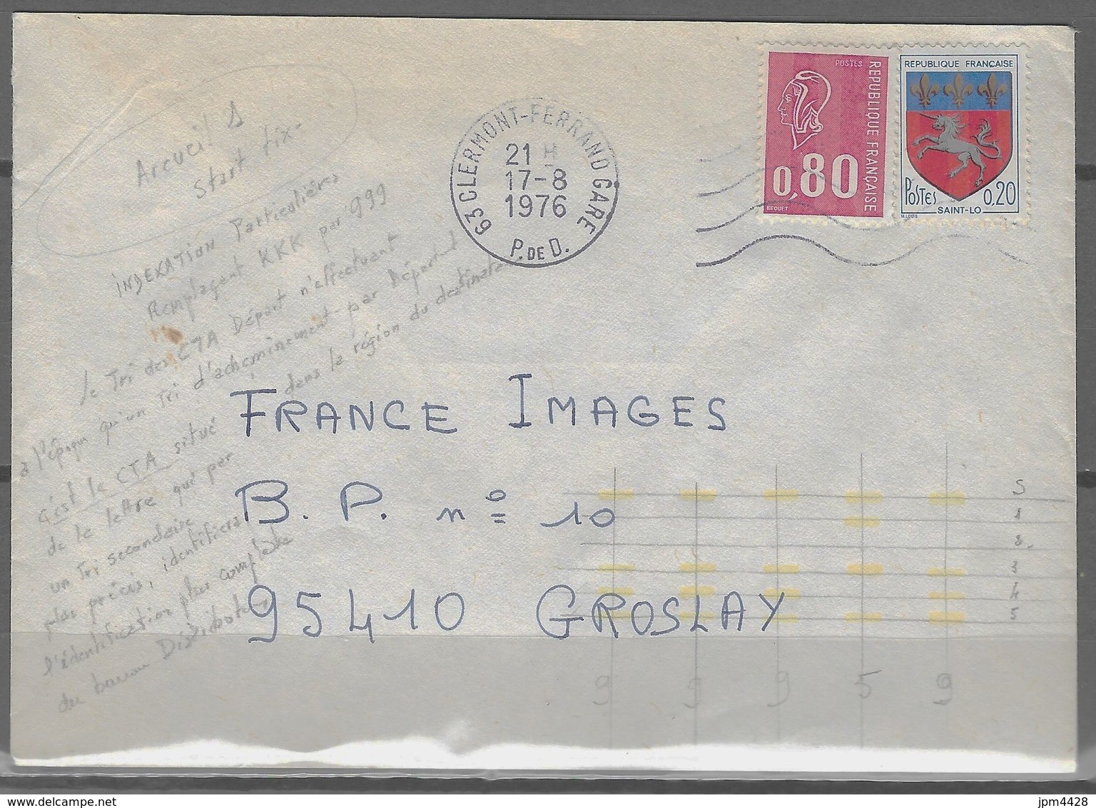 Automation Courrier Avec Tirets Jaunes Fluo - Enveloppe 1976 De Clermont Ferrand  63 Pour Groslay 95  Avec Indexation - Lettres & Documents