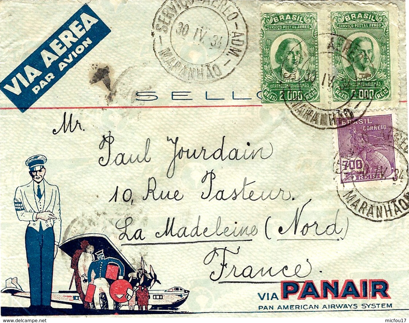 1934- Enveloppe Illustrée PANAIR  Affr. à 4700 Reis De Maranhao  Pour La France - Poste Aérienne (Compagnies Privées)