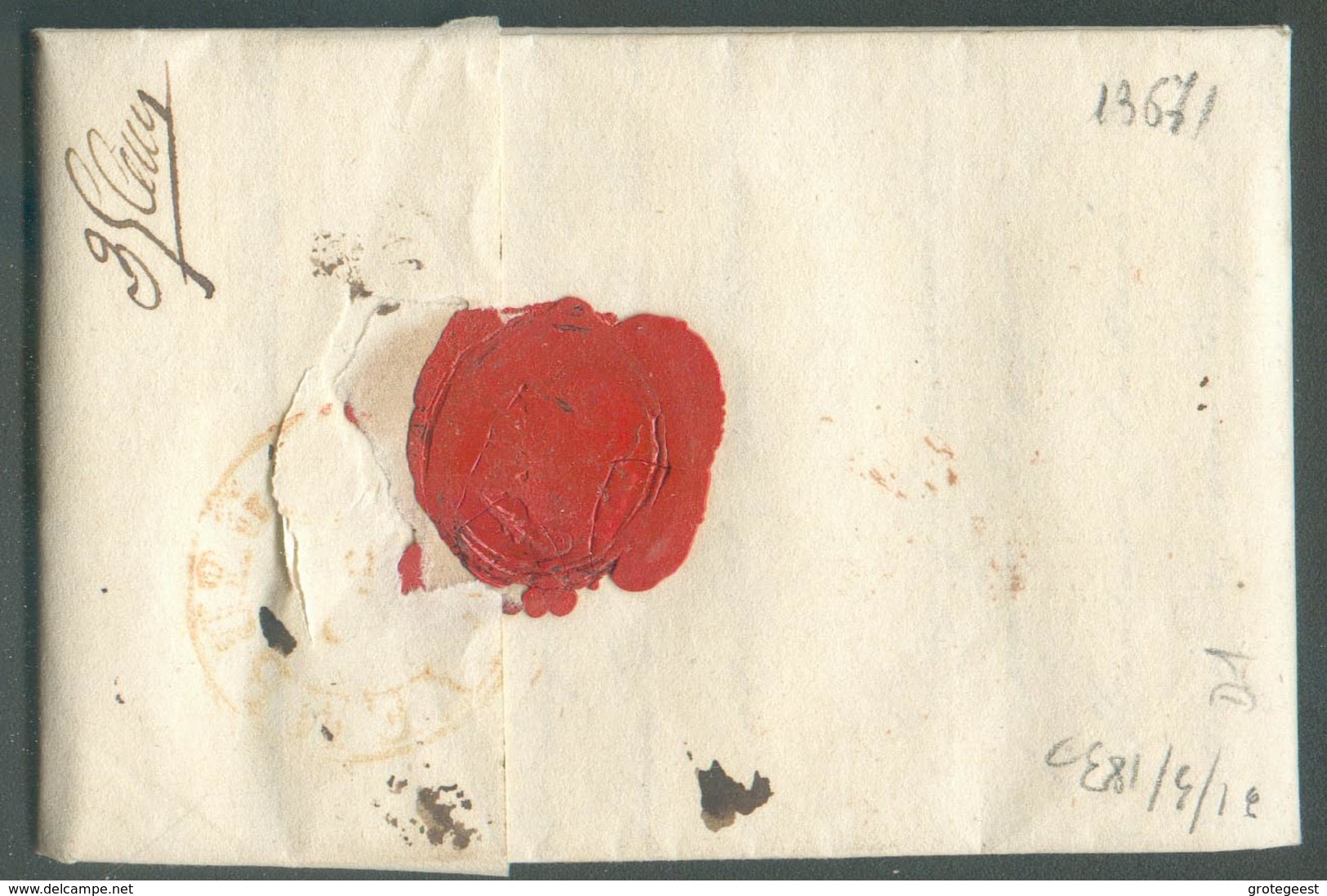 LAC De BERGEN (type 11 De MONS En Rouge) Le 31 Mars 1830 Au Baron De Blochausen à Luxembourg) (verso : Man. 35 Cents) - - 1815-1830 (Dutch Period)