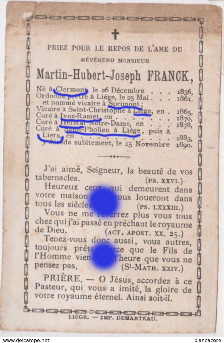 Abbé Franck Né à Clermont En 1836 Vicaire à Sprimont Curé à Ivoz Ramet  à Herstal à Liège Puis à Liers Y Dcd En 1890 - Décès