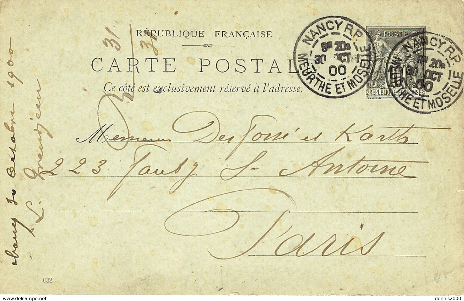 1900- C P E P  10 C Sage Oblit. Daguin Horaire  De  NANCY - Annullamenti Meccaniche (Varie)