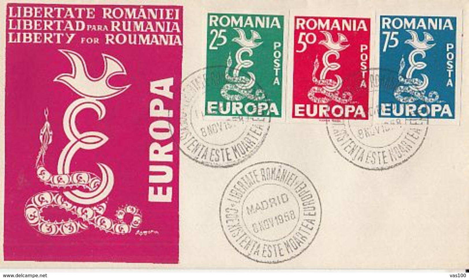 EUROPA CEPT, FREE ROMANIA, EXILE IN SPAIN, COVER FDC, 1958, ROMANIA - 1958