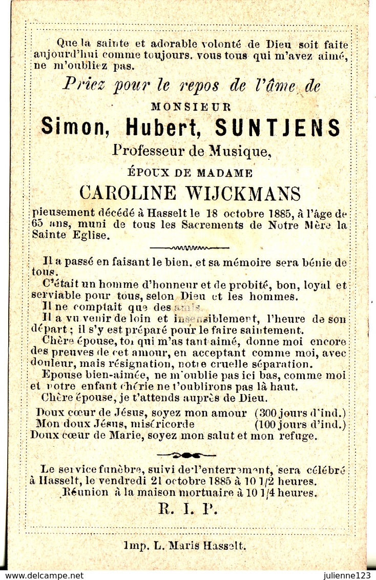 Décédé à HASSELT 1885-SIMON.HUBERT.SUNTJENS. - Godsdienst & Esoterisme