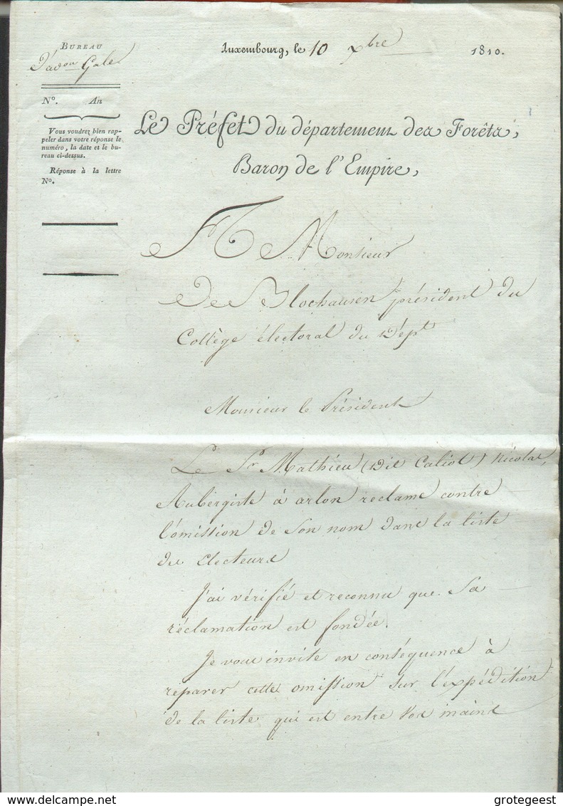 Circulaire Imprimée De LUXEMBOURG Le 10 Décembre 1810 LE PREFET Du Département Des FORETS, Baron De L'Empire à Mr. De Bl - ...-1852 Préphilatélie