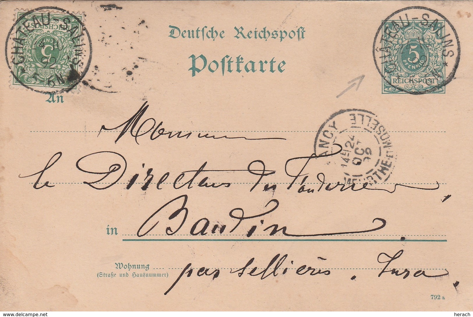 France Lorraine Entier Postal Château-Salins 1892 - Lettres & Documents