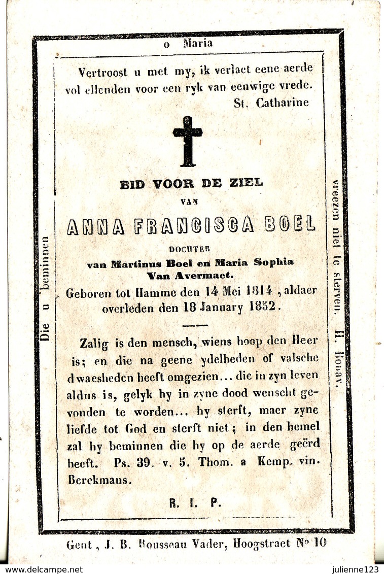 GEBOREN TE HAMME 1814+1852 ANNA FRANCISCA BOEL. - Religione & Esoterismo