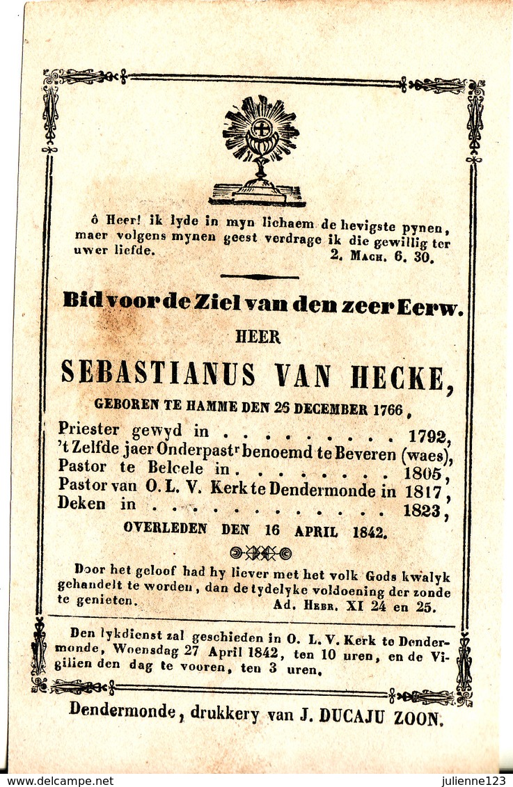 EERW.HEER.GEBOREN TE HAMME 1766-SEBASTIANUS VAN HECKE.. - Religione & Esoterismo