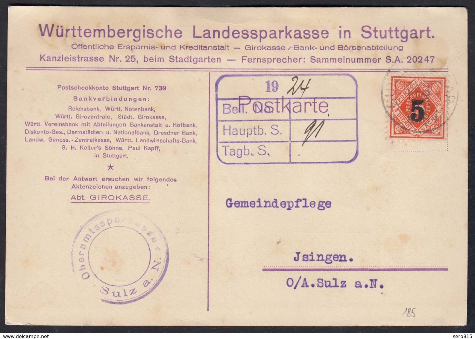 Württemberg Sparkassen-Dienst-Postkarte 1925 Stuttgart N.Isingen  (17596 - Sonstige & Ohne Zuordnung