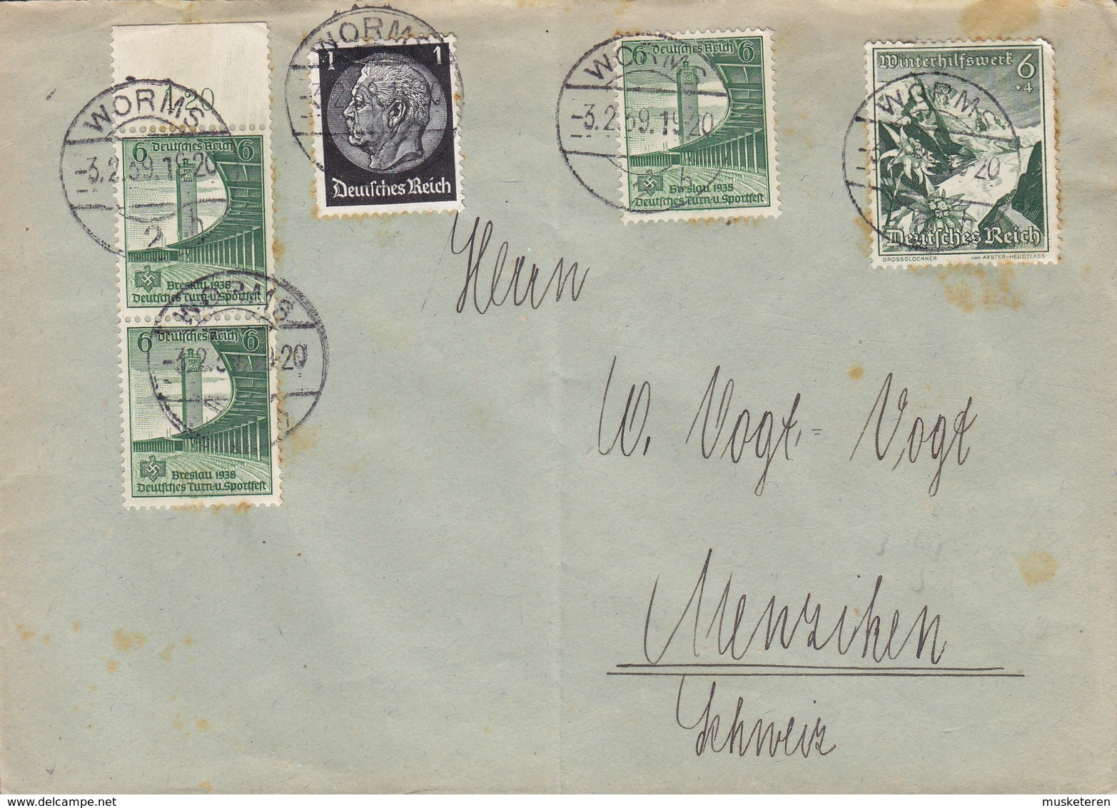 Germany Deutsches Reich WORMS 1939 Cover Brief MENZIHEN Schweiz Breslau 1938 & Winterhilfswerk Stamps - Lettres & Documents