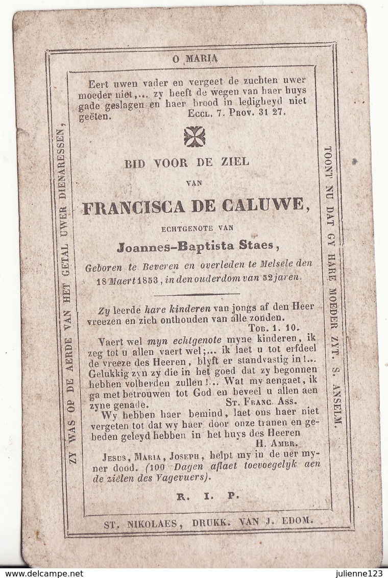 GEBOREN TE BEVEREN 1801+1853-FRANCISCA  DE CALUWE. - Religion & Esotérisme