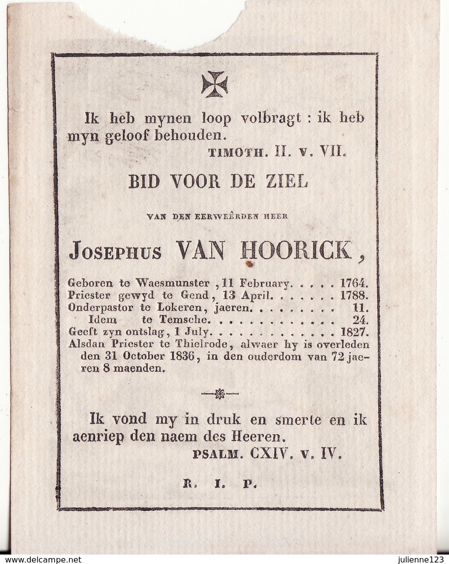 GEBOREN TE WAESMUNSTER 1764+1836 EERW.HEER JOSEPHUS VAN HOORICK. - Religion & Esotericism