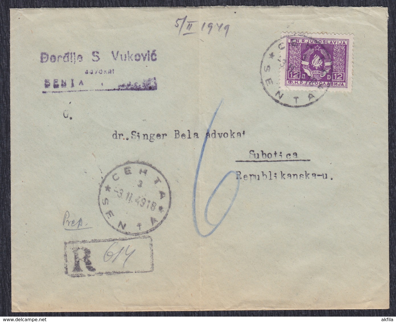 Yugoslavia 1949 R-letter Franked With Official Stamp Sent From Senta To Subotica - Briefe U. Dokumente