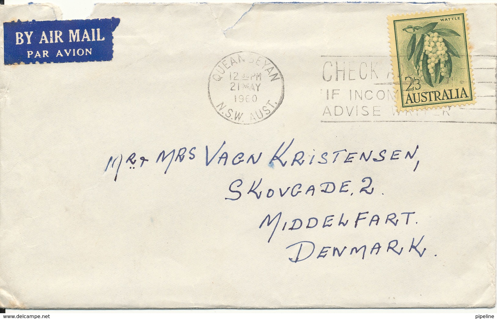 Australia Cover Sent To Denmark Queanseyan 21-5-1960 Single Franked (cover Damaged At The Top) - Covers & Documents