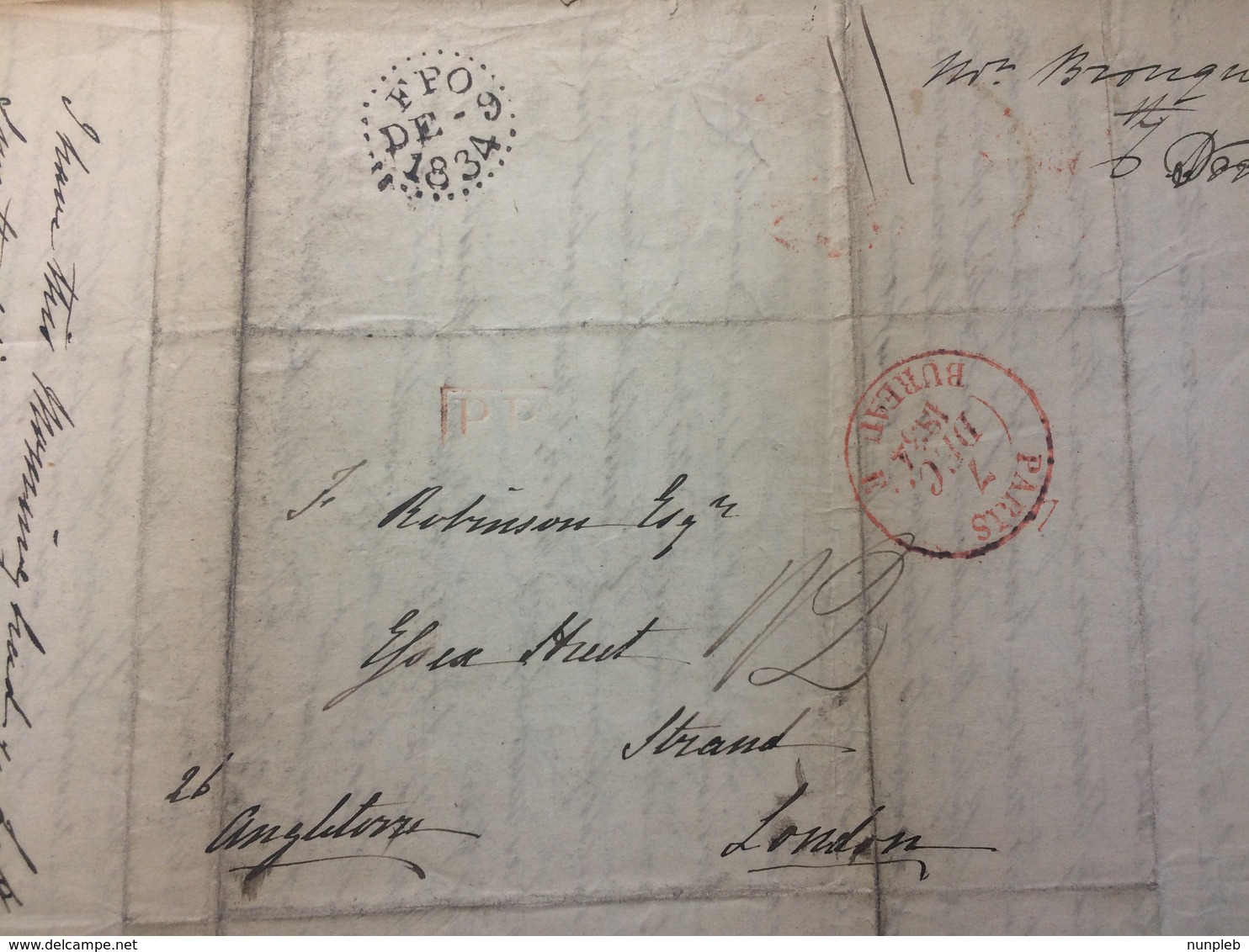 FRANCE 1834 Entire Paris To London - Paris Bureau E Double Circle Mark In Red And Dotted Circle Receiving Mark - 1801-1848: Vorläufer XIX