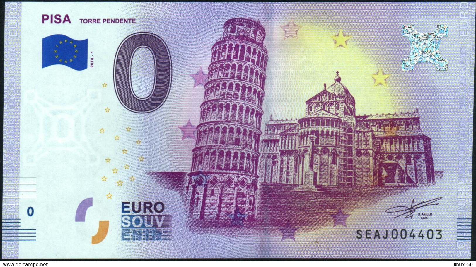 Zero - BILLET EURO O Souvenir - PISA Torre Pendente 2018-1set UNC {Italy} - Privéproeven