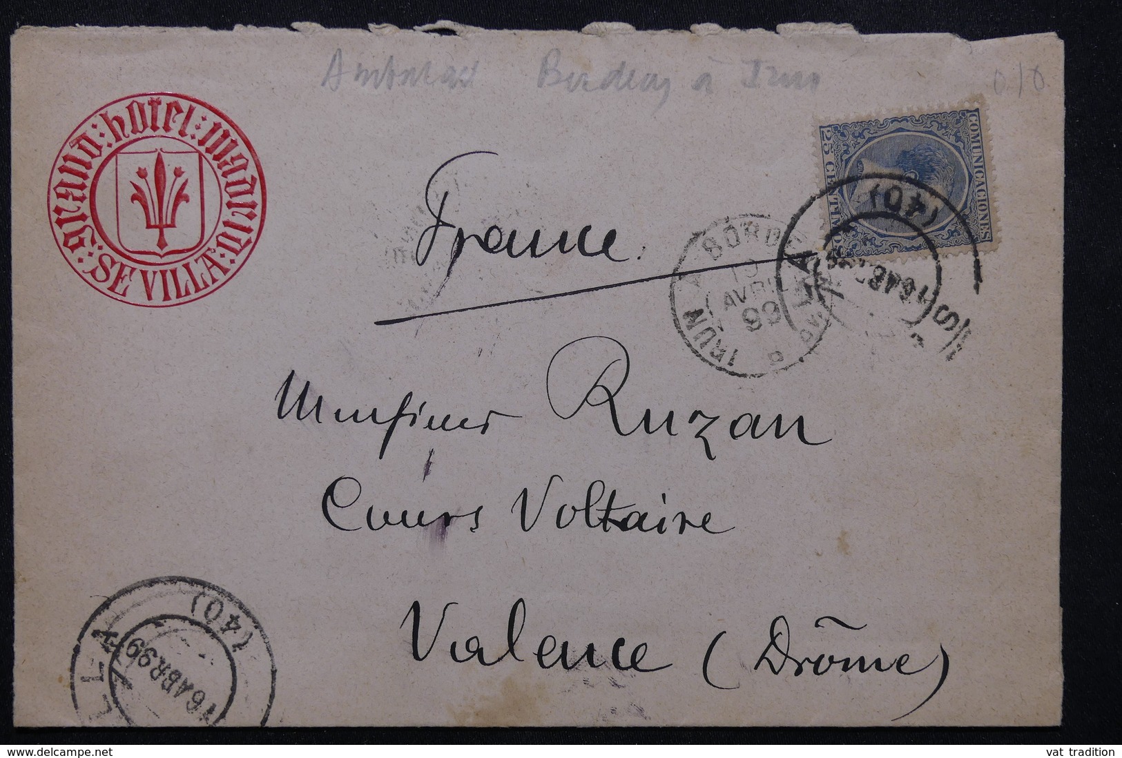 ESPAGNE - Enveloppe D'hôtel De Sevilla Pour La France En 1899 - L 23043 - Lettres & Documents