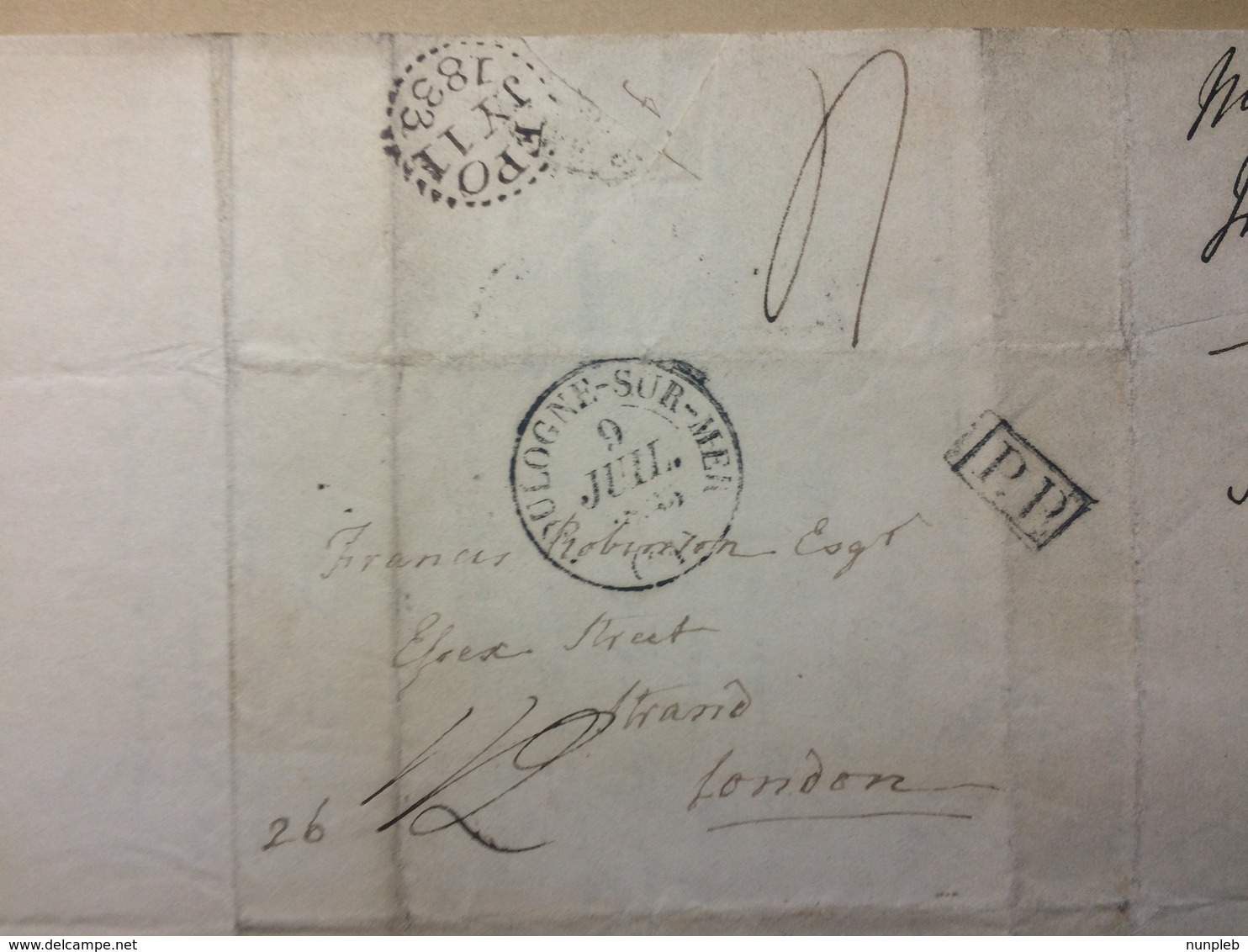 FRANCE 1833 Entire Boulogne To London With Dotted Circle Receiving Mark And P.P. Cachet - 1801-1848: Precursori XIX