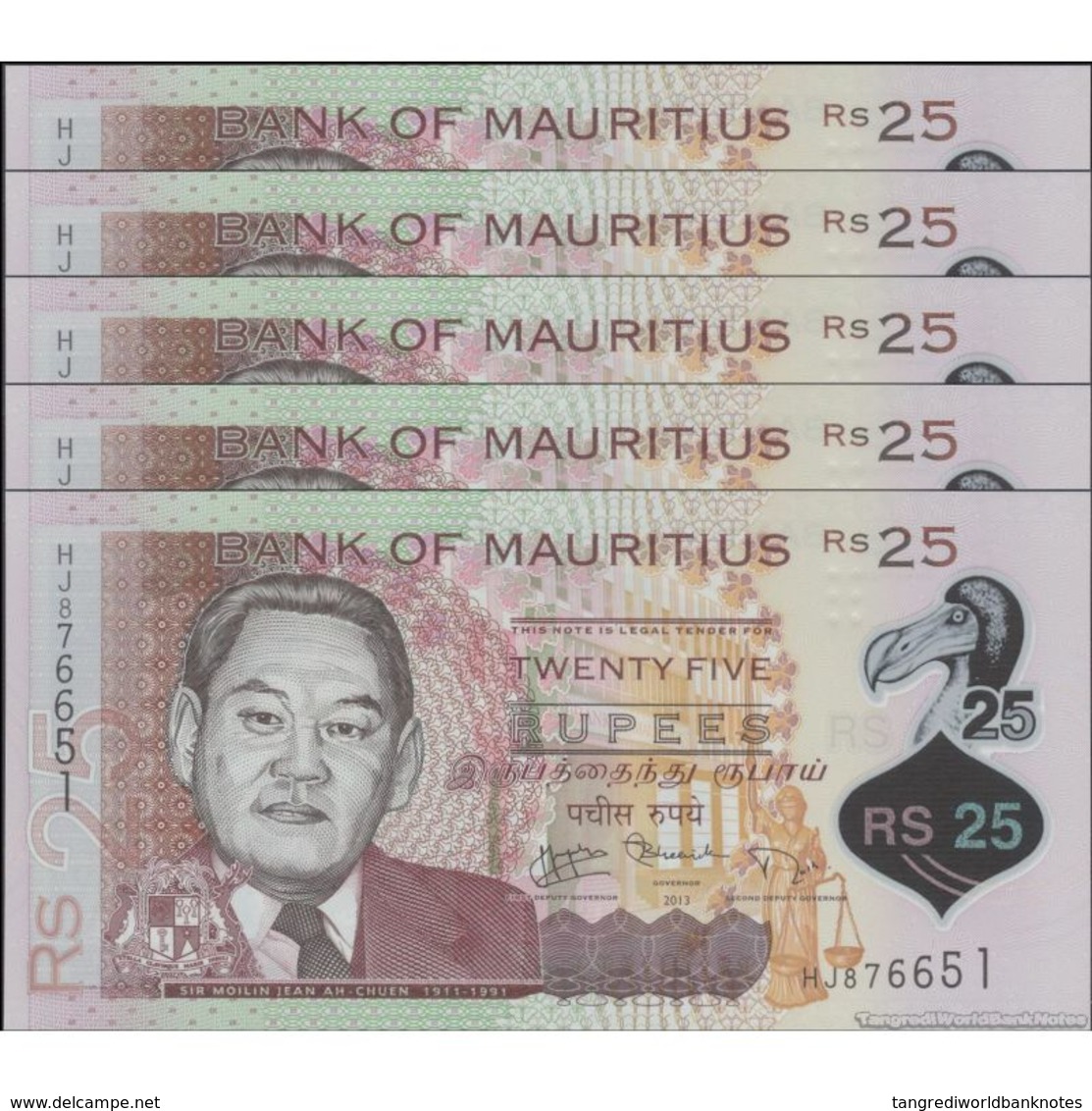 TWN - MAURITIUS 64 - 25 Rupees 2013 DEALERS LOT X 5 - Polymer - Prefix HJ UNC - Maurice