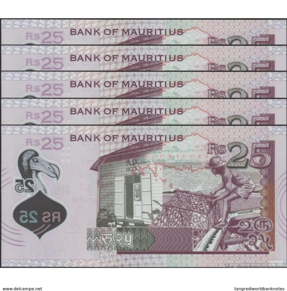 TWN - MAURITIUS 64 - 25 Rupees 2013 DEALERS LOT X 5 - Polymer - Prefix HJ UNC - Mauritius