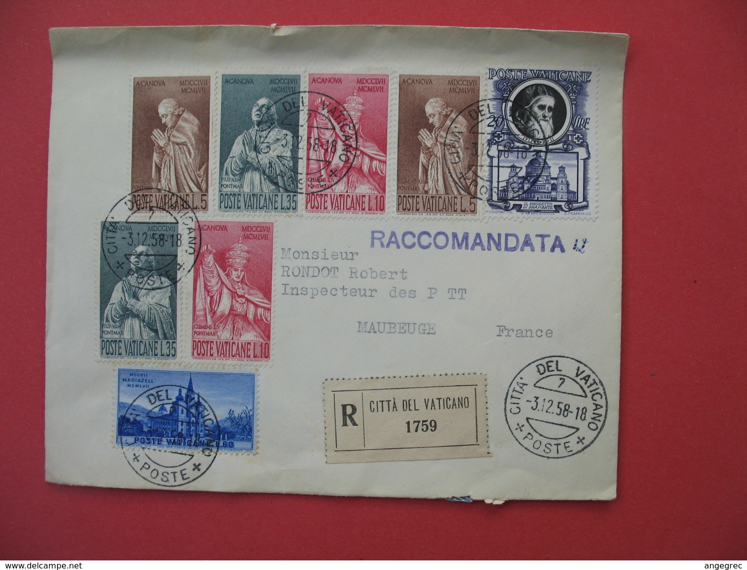 Lettre 1958 Recommandé Italie  Citta' Del Vaticano  Pour La France Maubeuge - Lettres & Documents