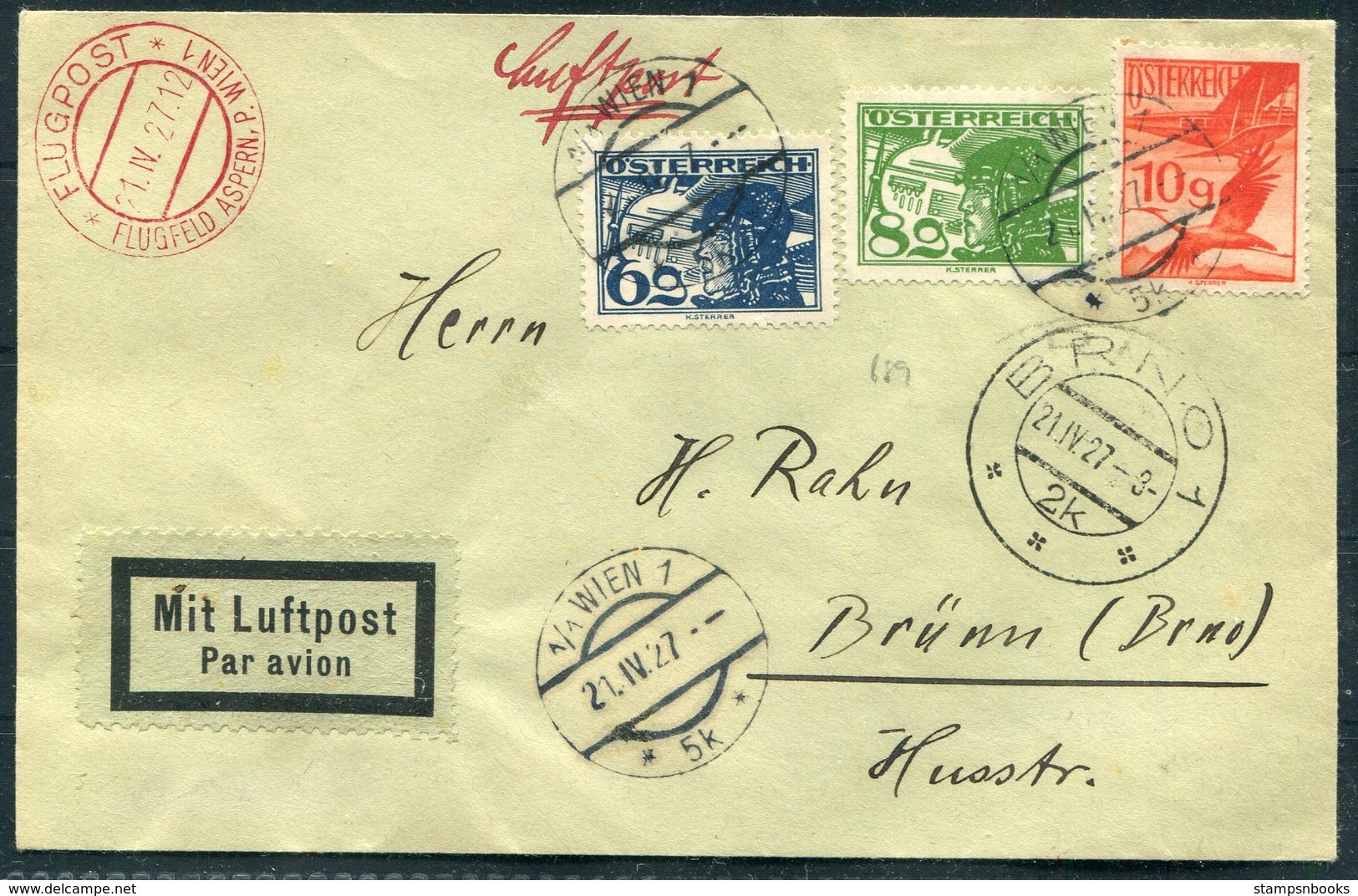 1927 Austria First Flight Cover Wien - Brno. Flugpost Flugfeld Aspern - Other & Unclassified