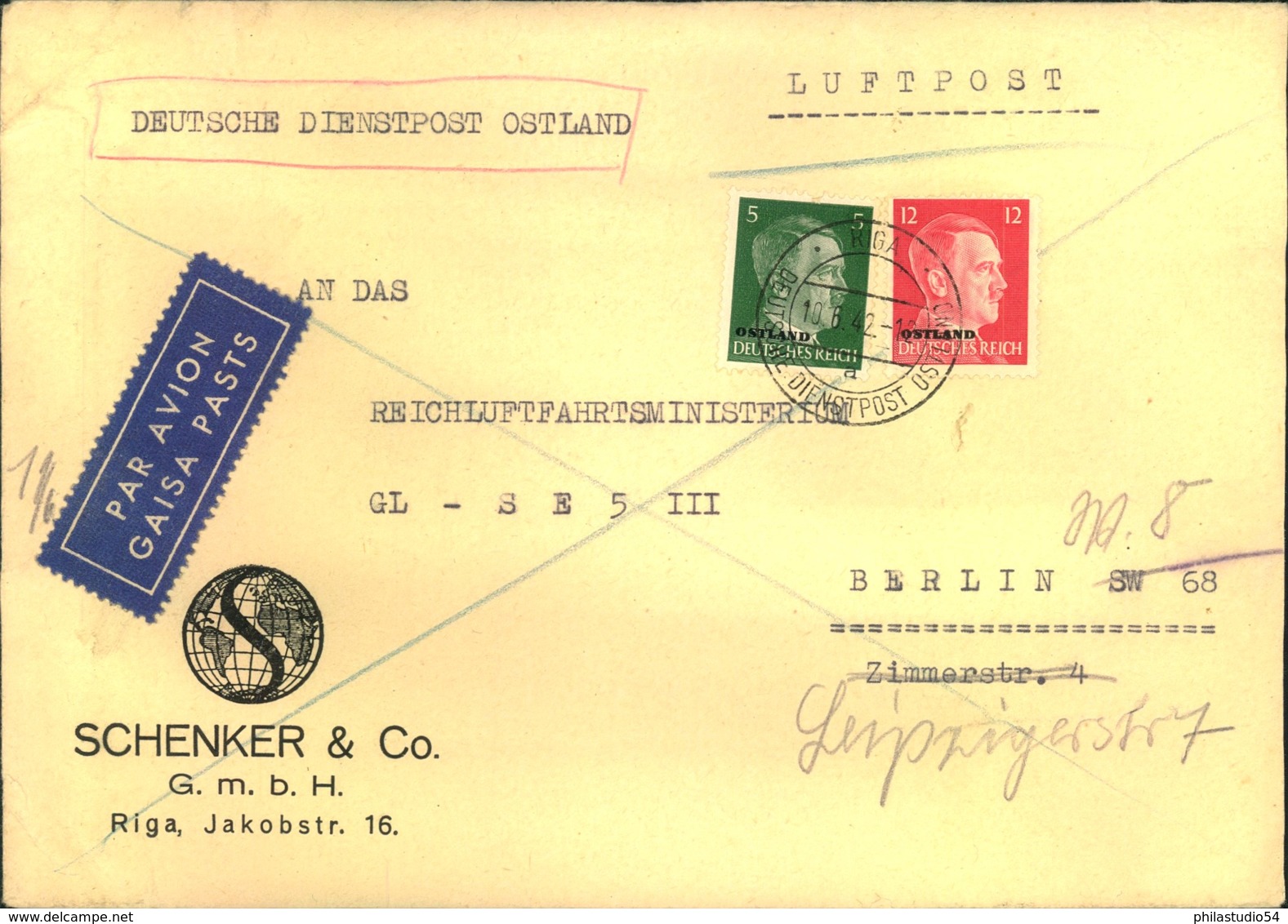 1942, 17 Pfg. Luftpostfrankatur Auf Firmenbrief Ab RIGA An Das Reichsluftfahrtministerium - Besetzungen 1938-45