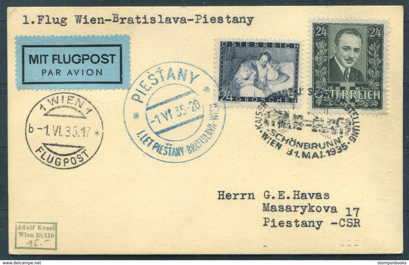1935 Austria First Flight Postcard Wien - Bratislava - Piestany - Other & Unclassified