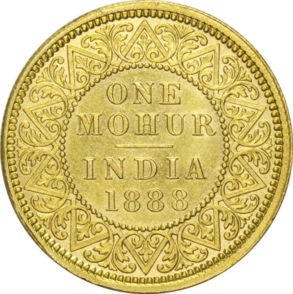 BRITISH INDIA GOLD COIN, ONE MOHUR, 1888, QUEEN VICTORIA, EF, RARE - India