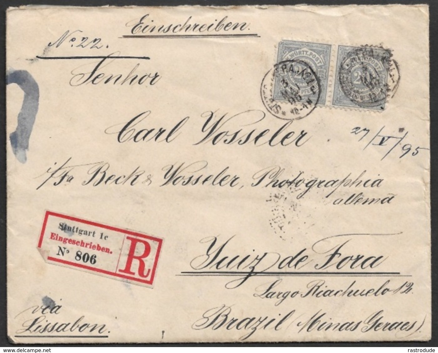 1895 Württemberg - Einschreiben Nach Juiz De Fora, Brasilien - Via Lisabon - Mit Inhalt - Autres & Non Classés