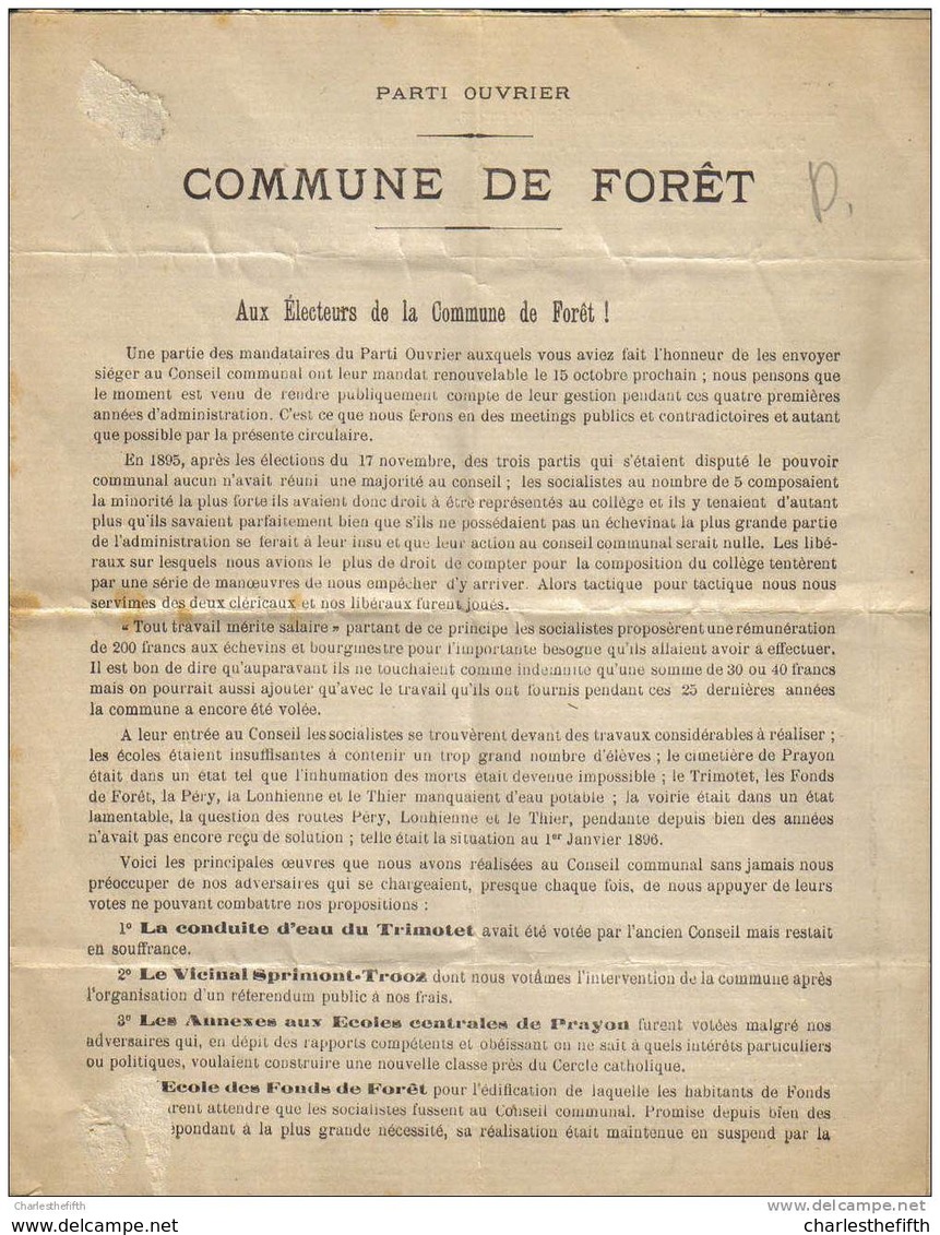 RARE !! 1899 ELECTION à FORET ( Nassogne ) -- PARTI OUVRIER -- - Nassogne