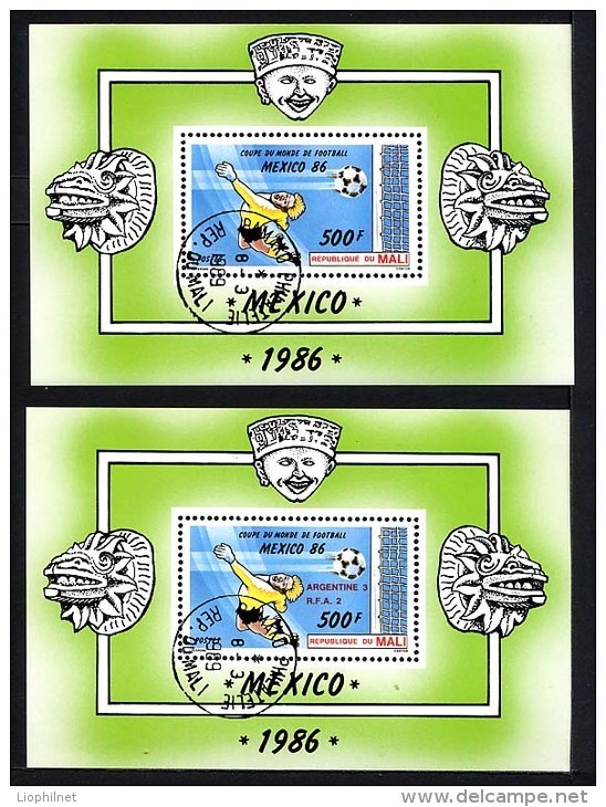 MALI 1986, COUPE MONDE FOOTBALL MEXICO, NORMAL + SURCHARGE VAINQUEURS, 2 Blocs, Oblitérés / Used. R127/8 - 1986 – Mexique