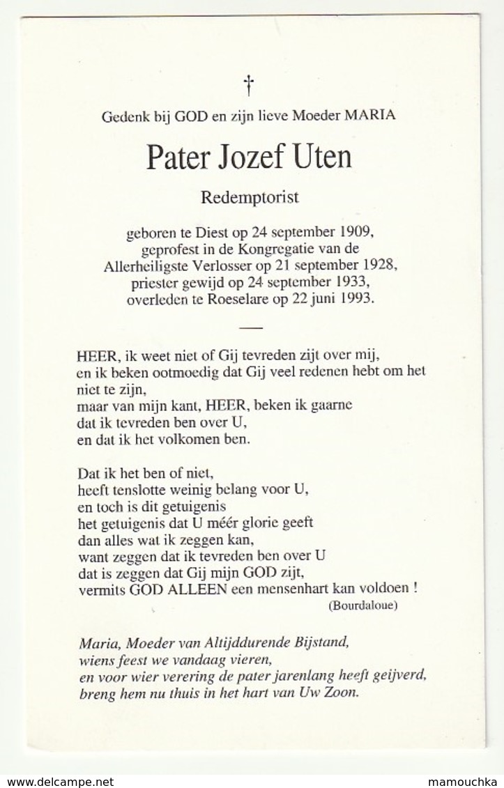 Doodsprentje Pater Jozef UTEN Redemptorist Diest 1909 Priester Roeselare 1993 - Devotion Images