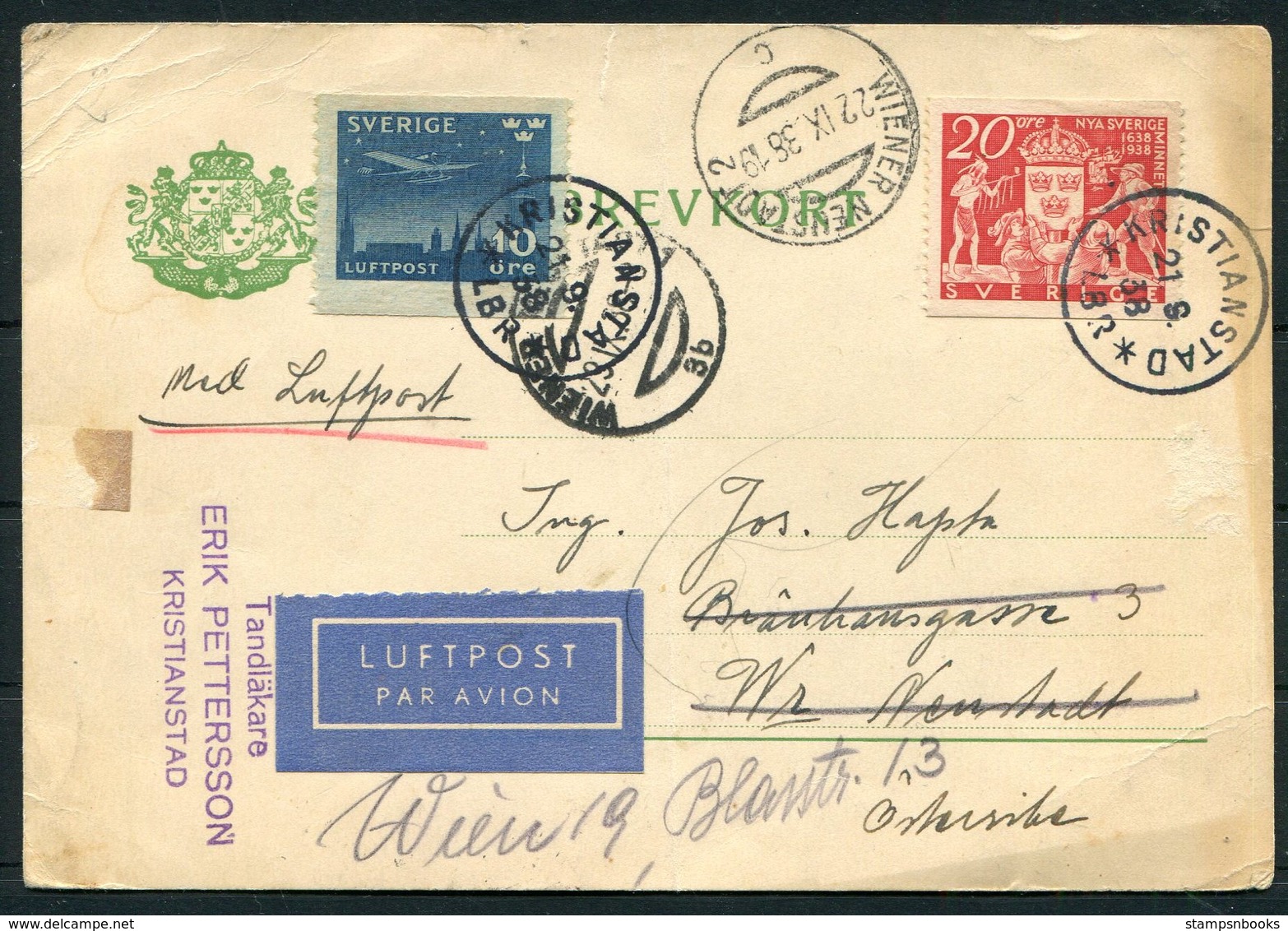 1938 Sweden Postcard Kristianstad - Wiener Neustadt Redirected. Airmail Luftpost - Covers & Documents