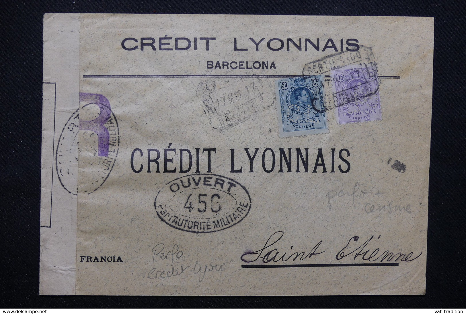 ESPAGNE - Enveloppe Commerciale De Barcelone En Recommandé Pour La France En 1917, Perforé CL,Contrôle Postal - L 23056 - Lettres & Documents