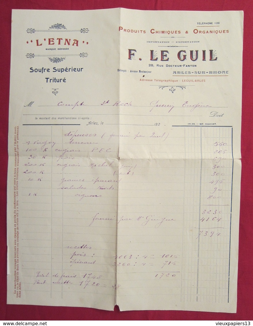 Ancienne Facture Arles-sur-Rhône L'ETNA - F. Le Guil - Produits Chimiques & Organiques - Soufre Supérieur Trituré 1920s - 1900 – 1949