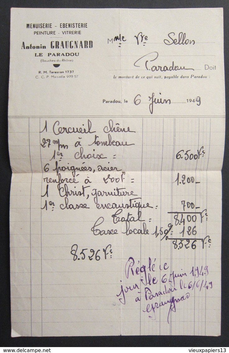 Ancienne Facture Paradou Bouches Du Rhône 13 - Antonin Graugnard Menuiserie Ebénisterie - 1949 - Cercueil - 1900 – 1949