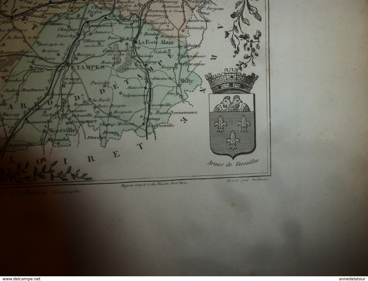 1880:SEINE et OISE (Versailles,Corbeil,Etampes,Mantes,Pontoise,etc)  Carte Géo-Descriptive en taille douce par Migeon.