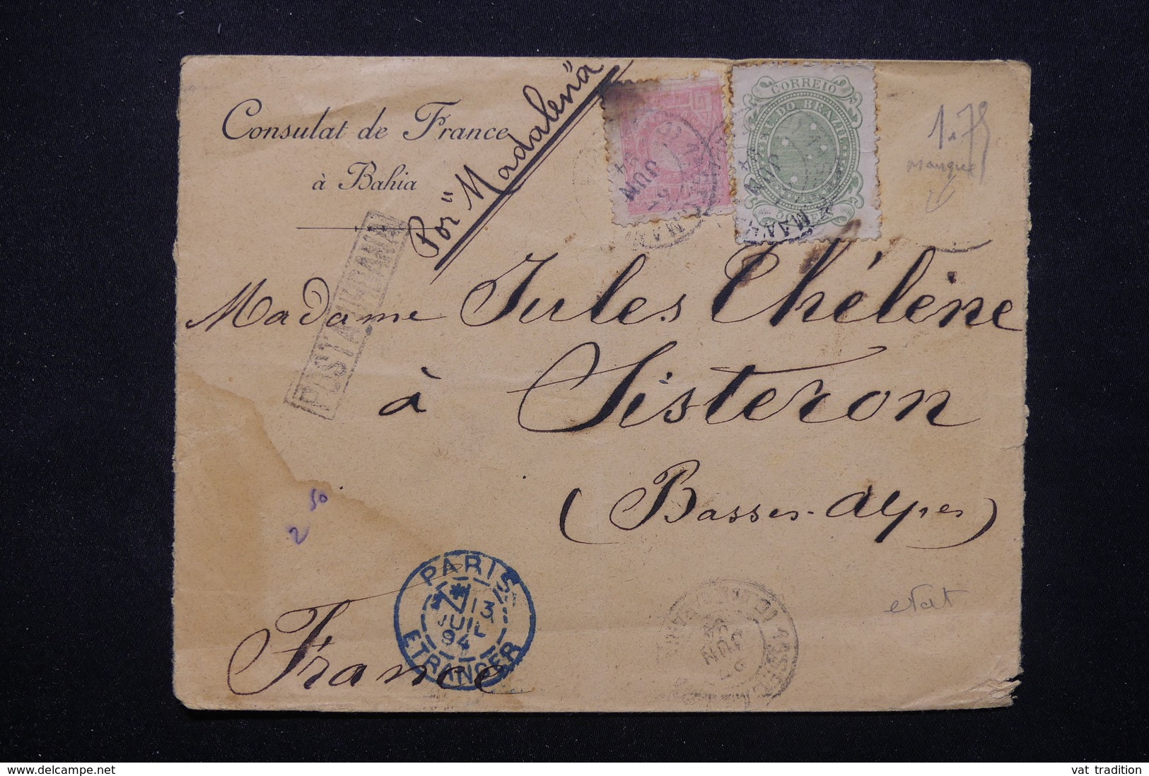 BRÉSIL - Enveloppe Du Consulat De France à Bahia Pour La France En 1894 , Affranchissement Incomplet - L 23060 - Lettres & Documents