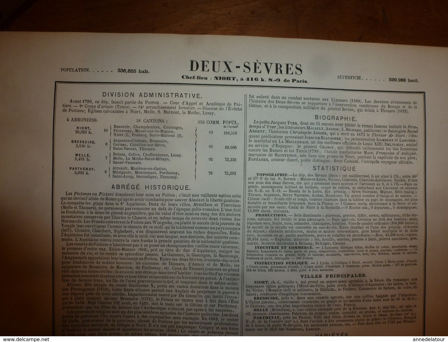 1880:DEUX-SEVRES(Niort,Bressuire,Melle,Parthenay,Beauvoir,Thouars,etc) Carte Géo-Descriptive En Taille Douce Par Migeon. - Cartes Géographiques