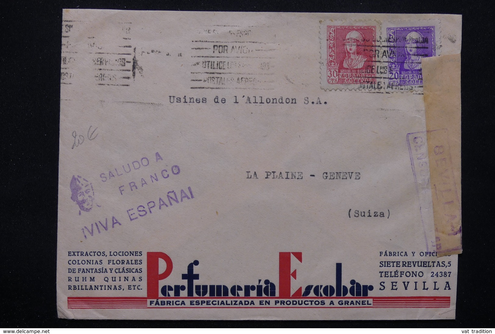 ESPAGNE - Enveloppe Commerciale De Sévilla Pour La Suisse En 1939 , Cachet De Propagande De Franco , Censure  - L 23065 - Marcas De Censura Nacional
